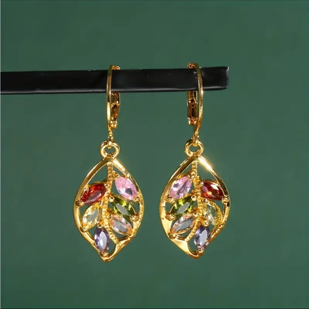 Multicolor Cubic Zircon Leaf Dangle Earrings, Golden-plated